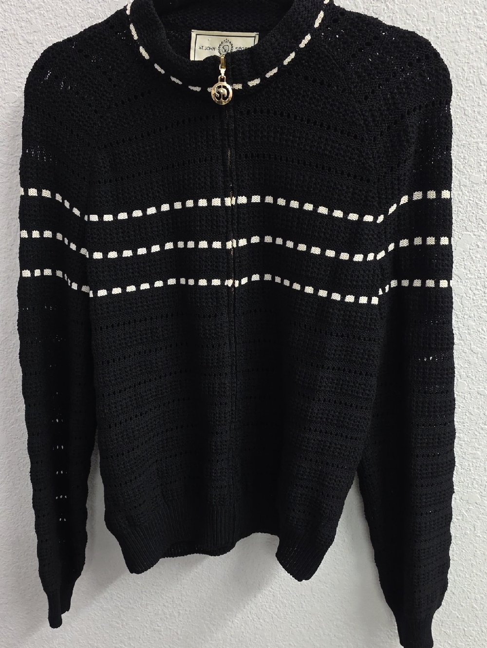 Vintage St John Sport Black Open Knit Zip Sweater Jacket Size Small